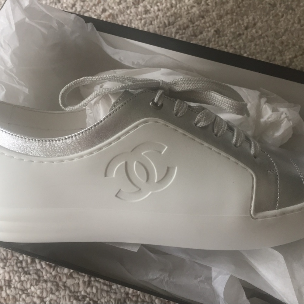 CHANEL White and Silver Logo Sneakers